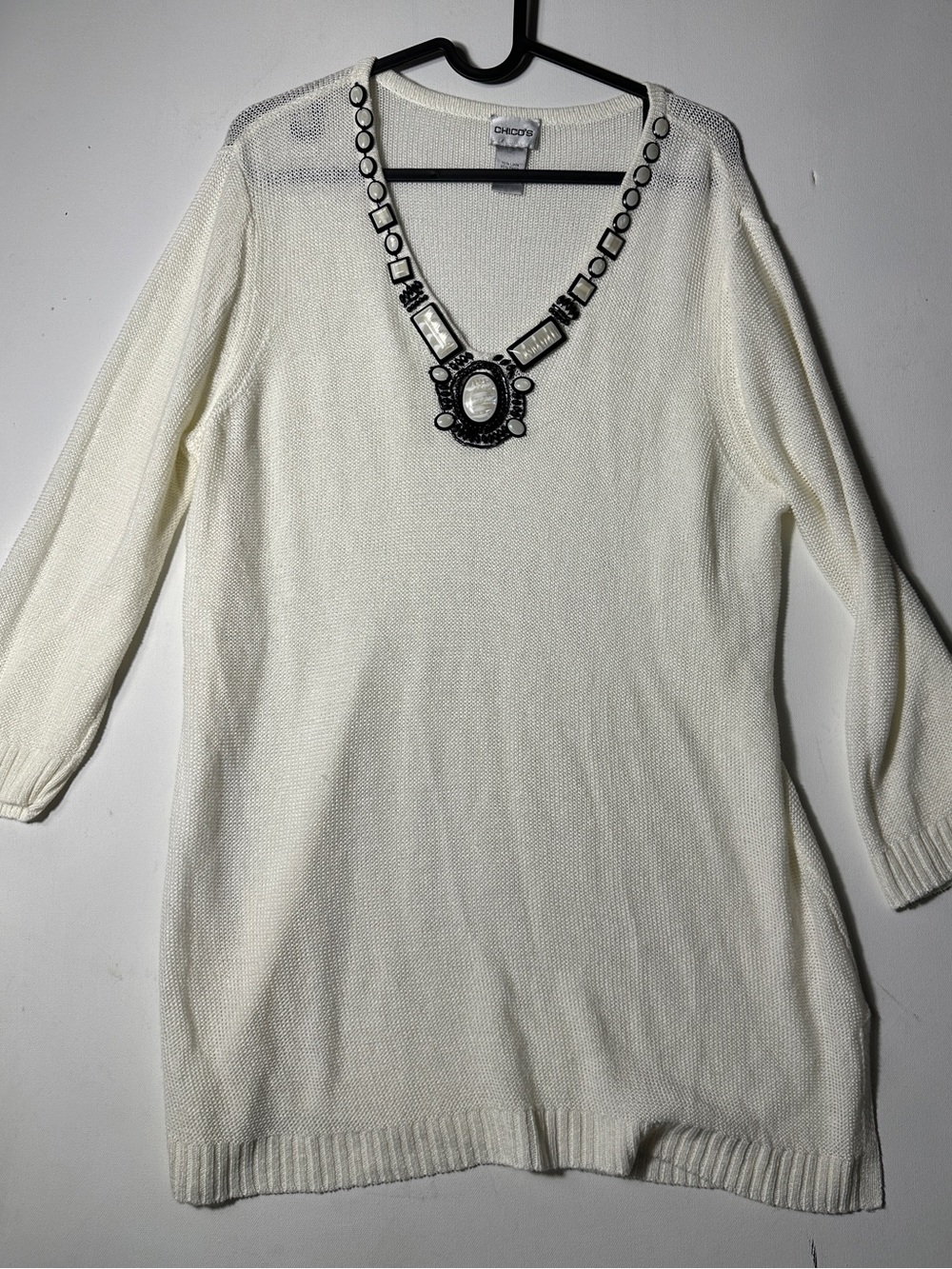 Vintage Chico's Cream V-Neck Sweater with Statement Jewel Trim